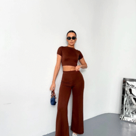 Osy Modal Yumuşak Dokulu Kumaş Kısa Kollu Crop Alt Ispanyol Paça Pantalon Ikili Takım - Kahverengi