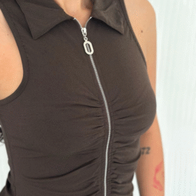 Yakalı Tam Fermuarlı Kolsuz Bluz - Kahverengi