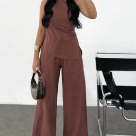 Keten Asimetrik Tek Omuzlu Bluz Pantalon Takım- Bordo