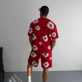 İki İplik Kumaş Baskılı T-shirt Şortlu Takım- Kırmızı