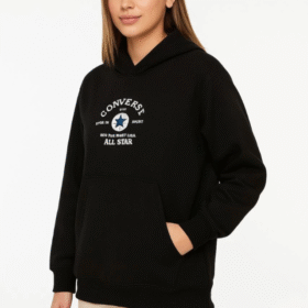Üç İplik Kapşonlu ön Ve Arka Baskılı SweatShirt Hoodie- Siyah