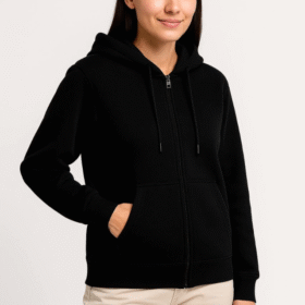 Üç İplik Kapüşonlu Tam Fermuarlı Kanguru Çepli SweatShirt Hoodie - Siyah