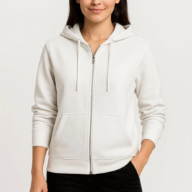 Üç İplik Kapüşonlu Tam Fermuarlı Kanguru Çepli SweatShirt Hoodie - Beyaz