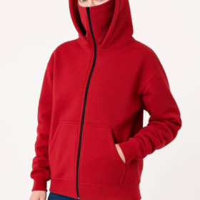Samuray Ninja Çift Kapüşonlu Hoodie Oversize Kanguru Cepli, Bahar - Kışlık Fermuarlı Sweatshirt- Kırmızı