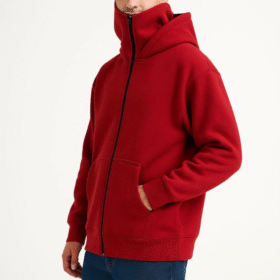 Samuray Ninja Çift Kapşonlu ZIP Fermuarlı Kanguru Çepli Tam Fermuarlı Hoodie Swetshirt - Kırmızı