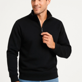 Erkek Dik Yaka Sweatshirt Dik Yaka Yarım Fermuarlı 3 İplik Şardonlu Pamuk Kumaş - Siyah