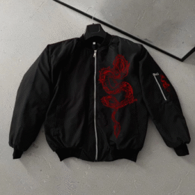 Tam Fermuarlı Uzun Kol Baskılı Bomber Ceket - Siyah