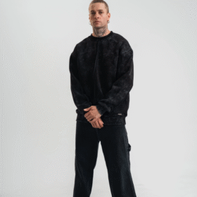 Unisex Bisiklet Yaka Özel Pis Dikişli Yıkamalı SweatShirt - Siyah