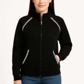 Oversize Dik Yaka Fermuarlı Sweatshirt - Zincir Nakışli Kanguru Cepli, - Siyah