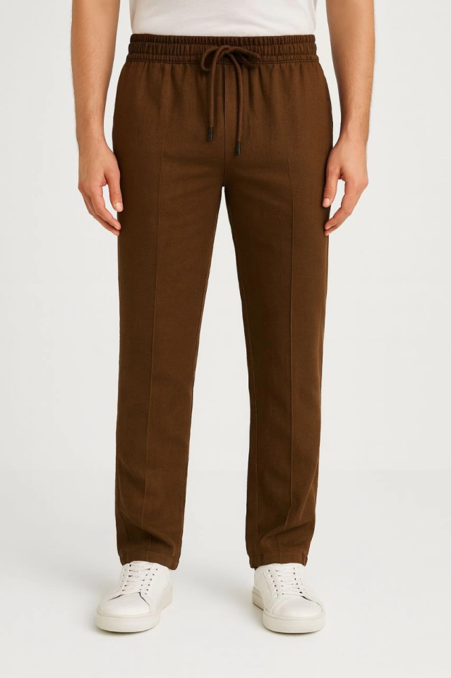 Erkek Keten Pantolon – Cepli, Beli Lastikli Ve Bağcıklı, Nefes Alan Rahat Kalıp, Yazlık Ve Baharlık Günlük Giyim, Şık - Konforlu Boru Paça Model - Kahverengi - Görsel 2