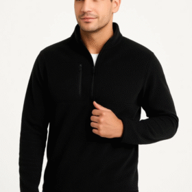 Erkek Polar Kazak – Dik Yaka, Yarım Fermuarlı, Fermuarlı Göğüs Cepli, Siyah Biyeli, Kışlık Rahat Regular Fit Günlük Model - Siyah