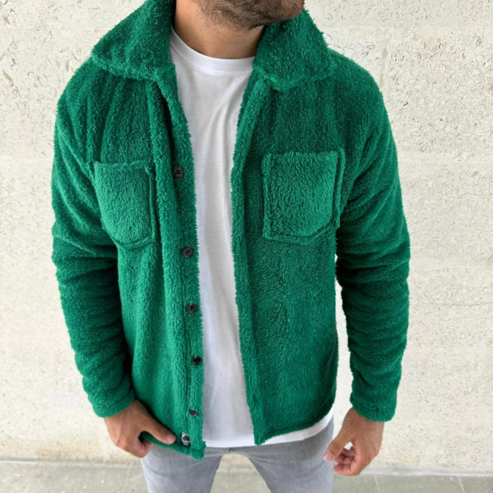 Erkek Pelüş Polar Hırka Gömlek – Yakalı, İlik Düğmeli, Göğüs Cepli, Yumuşak Dokulu Kışlık Regular Fit Rahat Günlük Model - Çimen Yeşili - Görsel 4