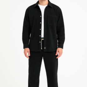 Erkek Kadife Oversize Takım – Gömlek Ve Pantolon İkili Set Füme Corduroy Şıklığı, Rahat Ve Zarif Duruş Yumuşak Dokulu Kadife Kumaş, Düğmeli Gömlek Üst Ve Lastikli Pantolon Alt Parça Ile Gün Boyu Konfor- Siyah