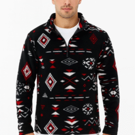 Erkek Yarım Fermuarlı Desenli Polar Sweat Tribal Etnik Desen Yakalı, Uzun Kollu, Oversize Rahat Kalıp, - Siyah