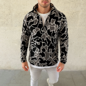 Erkek Yarım Fermuarlı Desenli Polar Sweat Yakalı, Uzun Kollu, Oversize Rahat Kalıp - Siyah