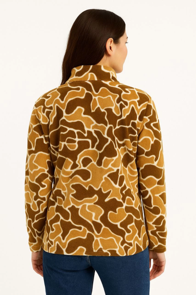 KADIN Yarım Fermuarlı Desenli Polar Sweat Yakalı, Uzun Kollu, Oversize Rahat Kalıp - Kahverengi - Görsel 2