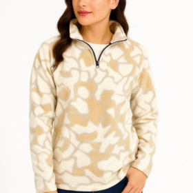 KADIN Yarım Fermuarlı Desenli Polar Sweat Yakalı, Uzun Kollu, Oversize Rahat Kalıp - Bej