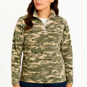 Yarım Fermuarlı Desenli Polar Sweat – Haki Kamuflaj Yakalı, Uzun Kollu, Oversize Rahat Kalıp - Haki