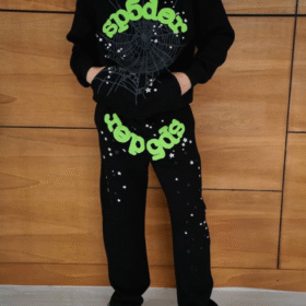 Erkek Kapüşonlu Eşofman Takım Örümcek Ağı Ve Neon Yeşil Baskılı Kanguru Cepli Oversize Rahat Kalıp, Premium Üç İplik Kumaş - Siyah