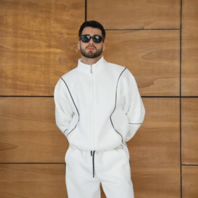 Erkek Premium Parçalı Eşofman Takım - Dik Yaka Fermuarlı Biyeli Sweatshirt Lastik Paça Alt, Oversize 3 Iplik Şardonlu - Beyaz