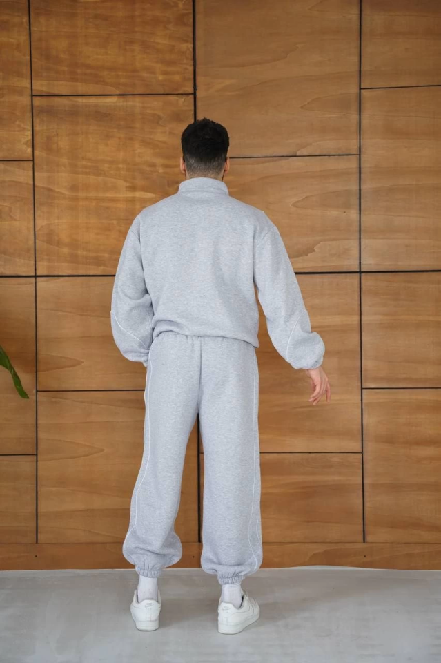 Erkek Premium Parçalı Eşofman Takım - Dik Yaka Fermuarlı Biyeli Sweatshirt Lastik Paça Alt, Oversize 3 Iplik Şardonlu - Gri - Görsel 2