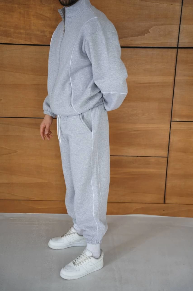 Erkek Premium Parçalı Eşofman Takım - Dik Yaka Fermuarlı Biyeli Sweatshirt Lastik Paça Alt, Oversize 3 Iplik Şardonlu - Gri - Görsel 3