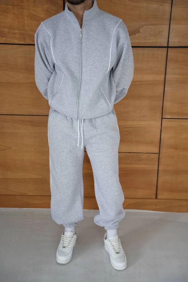 Erkek Premium Parçalı Eşofman Takım - Dik Yaka Fermuarlı Biyeli Sweatshirt Lastik Paça Alt, Oversize 3 Iplik Şardonlu - Gri - Görsel 4