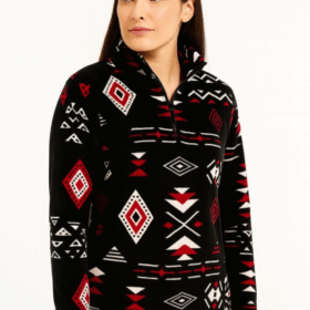 Yarım Fermuarlı Desenli Polar Sweat Tribal Etnik Desen Yakalı, Uzun Kollu, Oversize Rahat Kalıp - Siyah