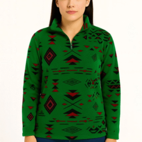 Yarım Fermuarlı Desenli Polar Sweat Tribal Etnik Desen Yakalı, Uzun Kollu, Oversize Rahat Kalıp - Yeşil