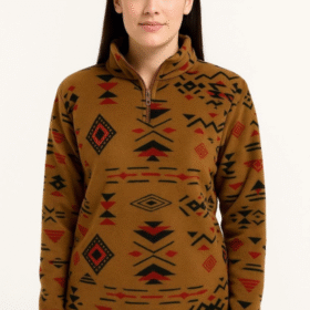 Yarım Fermuarlı Desenli Polar Sweat Tribal Etnik Desen Yakalı, Uzun Kollu, Oversize Rahat Kalıp - Kahverengi