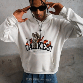 Erkek Oversize Kapüşonlu Sweatshirt – Beyaz Renk Üç İplik İçi Pamuklu Kanguru Cepli Baskılı Hoodie Rahat Kalıp Kışlık Günlük Kombinlere Uygun - Beyaz