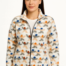 Tam Fermuarlı Desenli Polar Sweat – Siyah Multicolor Figür Desen Yakalı, Uzun Kollu, Oversize Rahat Kalıp - Beyaz