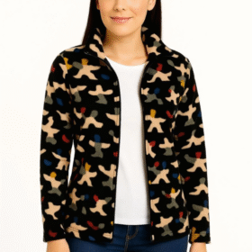 Tam Fermuarlı Desenli Polar Sweat – Siyah Multicolor Figür Desen Yakalı, Uzun Kollu, Oversize Rahat Kalıp - Siyah