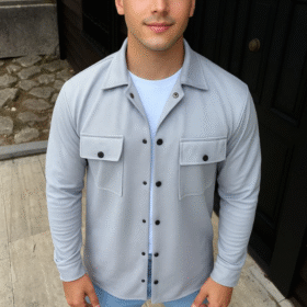 Erkek Diagonal Kumaş Cepli Çıtçıtlı Uzun Kollu, Gömlek Oversize Rahat Kalıp Günlük Şık Stil - Gri