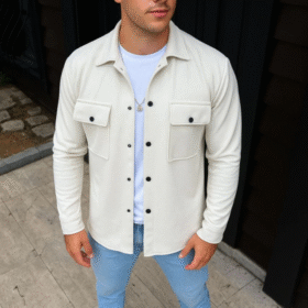 Erkek Diagonal Kumaş Cepli Çıtçıtlı Uzun Kollu, Gömlek Oversize Rahat Kalıp Günlük Şık Stil - Beyaz