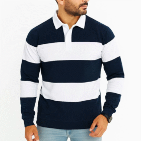 Erkek Polo Yaka Uzun Kollu Çizgili Sweatshirt Trend Rugby Stil - Lacivert