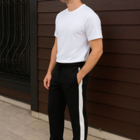 Erkek Üç İplik Kışlık Pamuklu Yandan Garneli Kalın Şeritli Cepli Eşofman Altı - Siyah