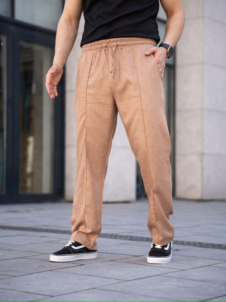 Erkek Keten Cepli Çıma Dikişli Jogger Buggy Pantalon Rahat Kalıp - Kahverengi - Görsel 3