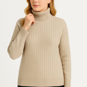 Balıkcı Yaka Bağazlı Triko Kazak Pamuklu Kalın Fitilli Dokuma - Bej