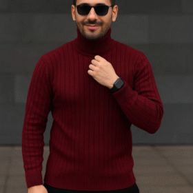 Erkek Balıkcı Yaka Bağazlı Triko Kazak Pamuklu Kalın Fitilli Dokuma, Regular Fit Uzun Kollu Kışlık Model - Bordo