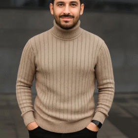 Erkek Balıkcı Yaka Bağazlı Triko Kazak Pamuklu Kalın Fitilli Dokuma, Regular Fit Uzun Kollu Kışlık Model - Bej