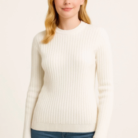 Bisiklet Yuvarlak Yaka Triko Kazak Pamuklu Kalın Fitilli Dokuma, Regular Fit Uzun Kollu Kışlık Model - Beyaz