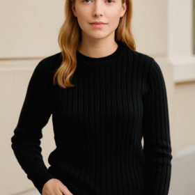 Bisiklet Yuvarlak Yaka Triko Kazak Pamuklu Kalın Fitilli Dokuma, Regular Fit Uzun Kollu Kışlık Model - Siyah