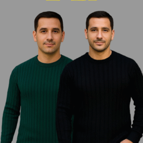 Erkek Fitilli Triko Kazak 2’li Set – Siyah - Haki, Kalın Dokuma Pamuklu Regular Fit Bisiklet Yaka Uzun Kollu Rahat Kışlık Kazak Kombini