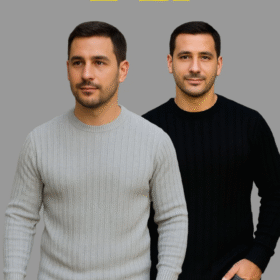 Erkek Fitilli Triko Kazak 2’li Set – Siyah - Gri, Kalın Dokuma Pamuklu Regular Fit Bisiklet Yaka Uzun Kollu Rahat Kışlık Kazak Kombini