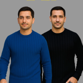 Erkek Fitilli Triko Kazak 2’li Set – Siyah - Saks Mavisi, Kalın Dokuma Pamuklu Regular Fit Bisiklet Yaka Uzun Kollu Rahat Kışlık Kazak Kombini