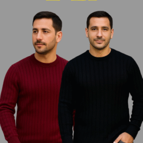 Erkek Fitilli Triko Kazak 2’li Set – Siyah - Bordo, Kalın Dokuma Pamuklu Regular Fit Bisiklet Yaka Uzun Kollu Rahat Kışlık Kazak Kombini