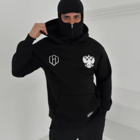 Samuray Ninja Çift Kapşonlu ZIP Fermuarlı Kanguru Çepli Tam Fermuarlı Hoodie ön Ve Arka Baskılı Maske Detaylı Swetshirt - Siyah