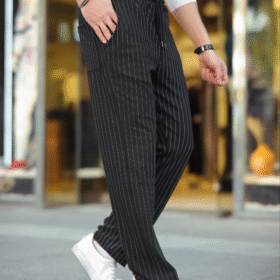 Erkek Cizgili Dokuma Krep Jogger Buggy Pantalon Rahat Kalıp - Siyah