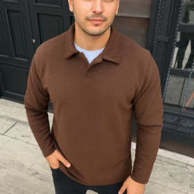 Erkek Fitilli Polar Sweatshirt – Düğmesiz Polo Yaka, Oversize Rahat Kalıp, Kalın Polar Kumaş, Kışlık Ve Baharlık Şık Günlük Üst - Kahverengi